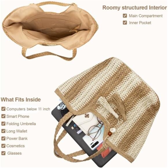 Women Straw Beach Bag Large Beige Khaki - Picture 4 of 7